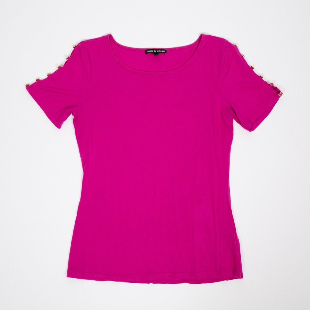 Cable & Gauge Button Sleeve Top Crew Neck Knit Tee Shirt Fuchsia M - Picture 10 of 12
